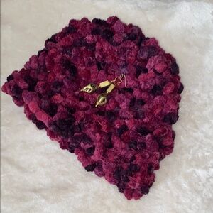 Vintage Elegant Pink and Purple Knit Beanie with earrings.